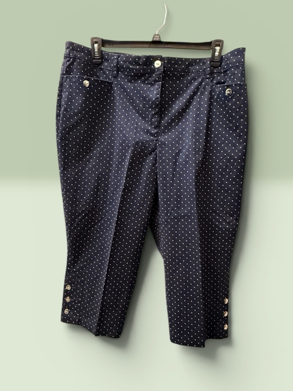 Karen Scott Navy Blue Polka Dot Capri Pants – Size 18W – Button Detail